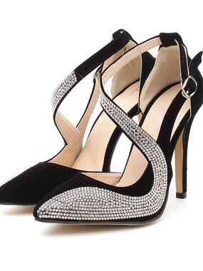 Black velvety velour Rhinestone Crisscross Stiletto Heels Sz 39